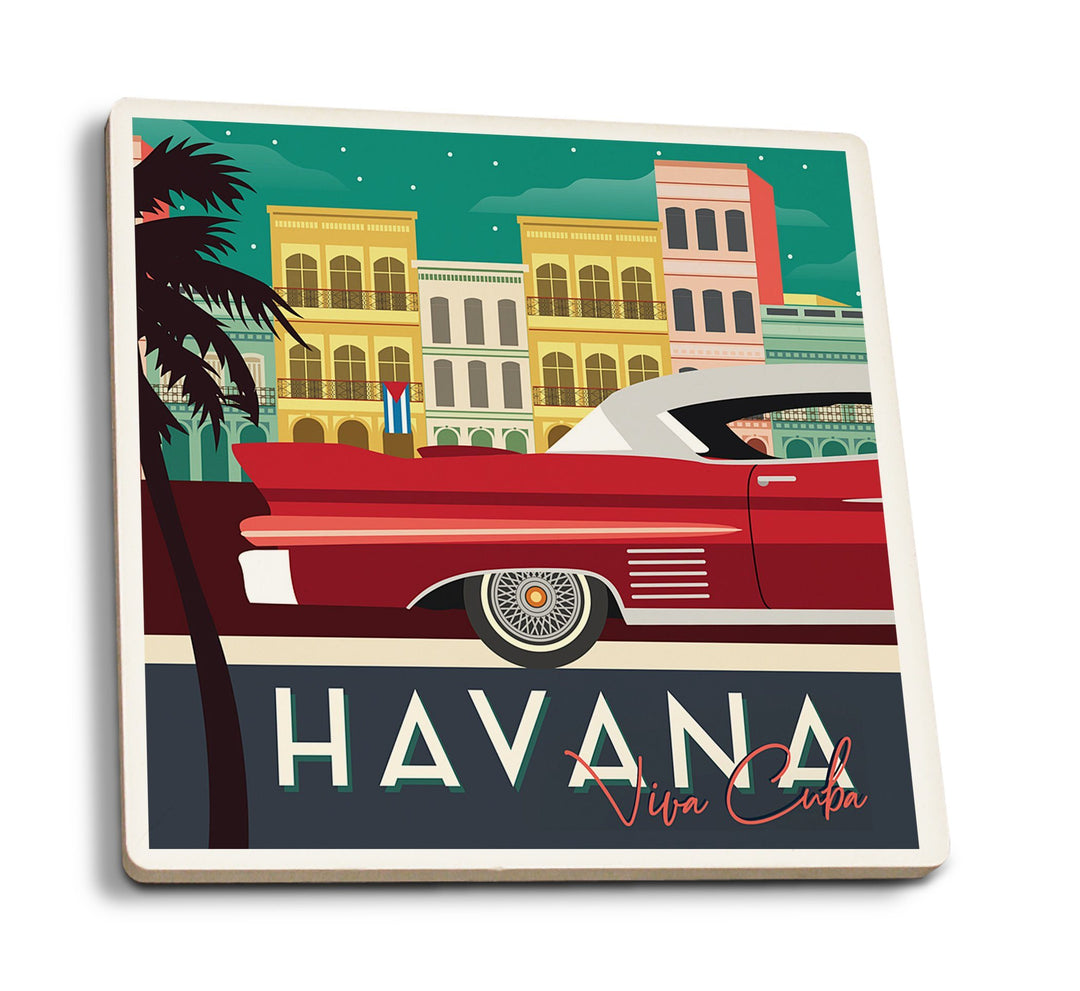 Coasters (Havana, Cuba, Buildings & Vintage Car, Vector, Lantern Press Artwork) Lifestyle-Coaster Lantern Press 