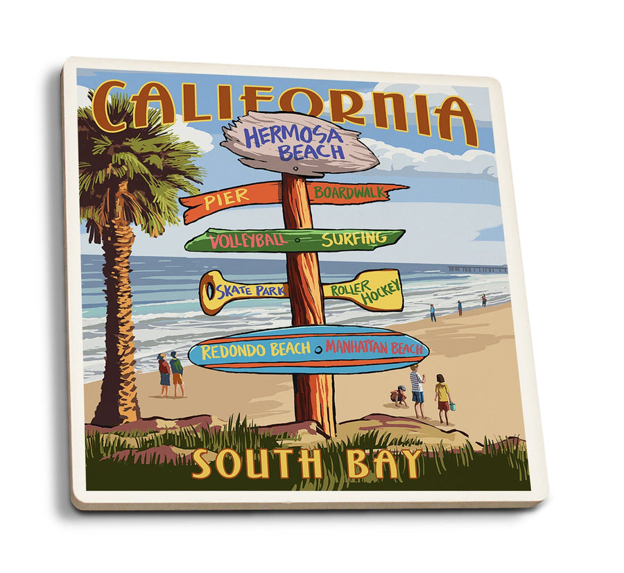 Coasters (Hermosa Beach, California, Destinations Sign, Lantern Press Artwork) Lifestyle-Coaster Lantern Press 