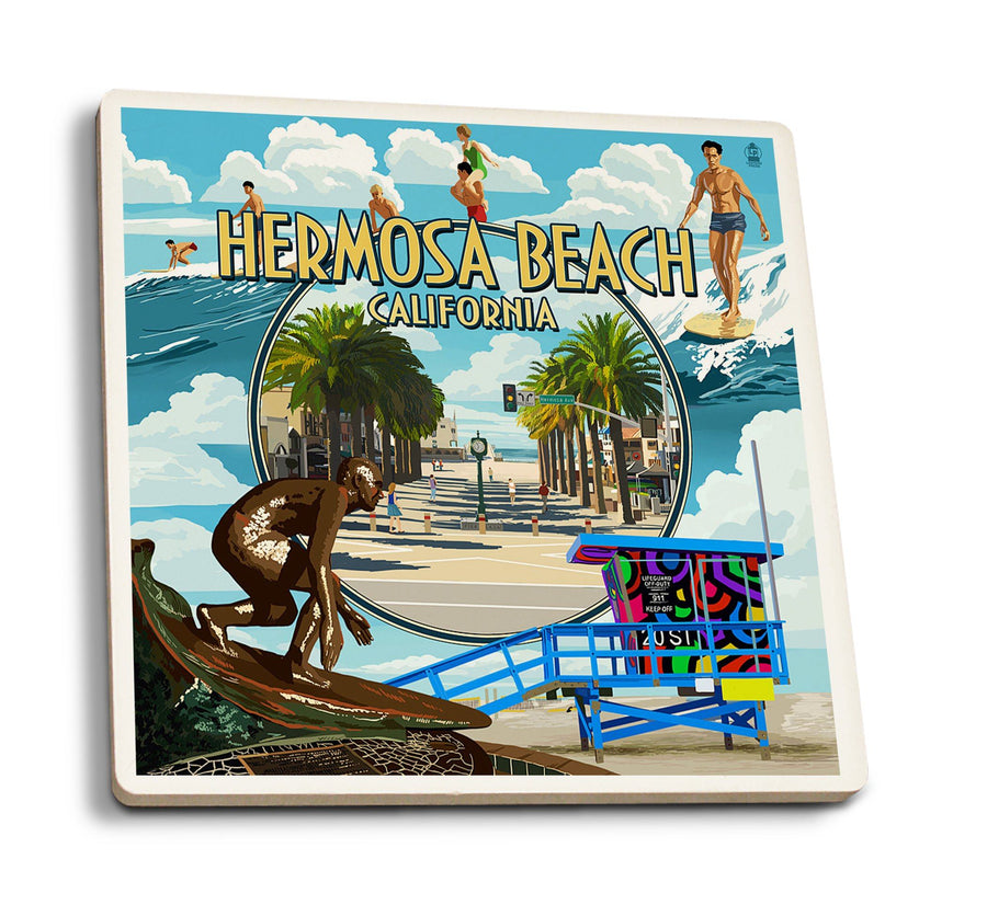Coasters (Hermosa Beach, California, Montage Scenes, Lantern Press Artwork) Lifestyle-Coaster Lantern Press 
