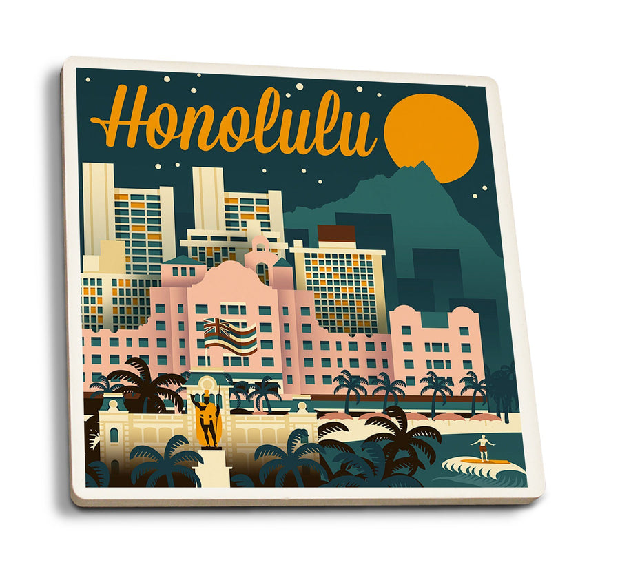 Coasters (Honolulu, Hawaii, Retro Skyline, Lantern Press Artwork) Lifestyle-Coaster Lantern Press 
