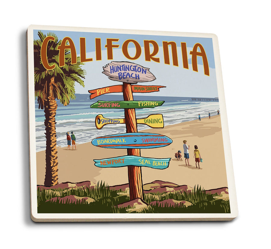 Coasters (Huntington Beach, California, Destinations Sign, Lantern Press Artwork) Lifestyle-Coaster Lantern Press 