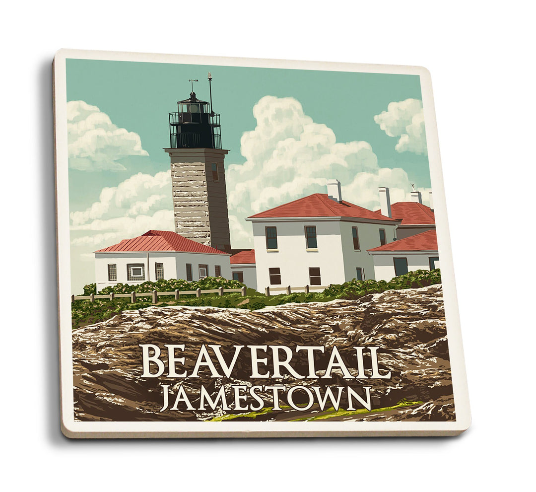 Coasters (Jamestown, Rhode Island, Beavertail Lighthouse, Letterpress, Lantern Press Artwork) Lifestyle-Coaster Lantern Press 