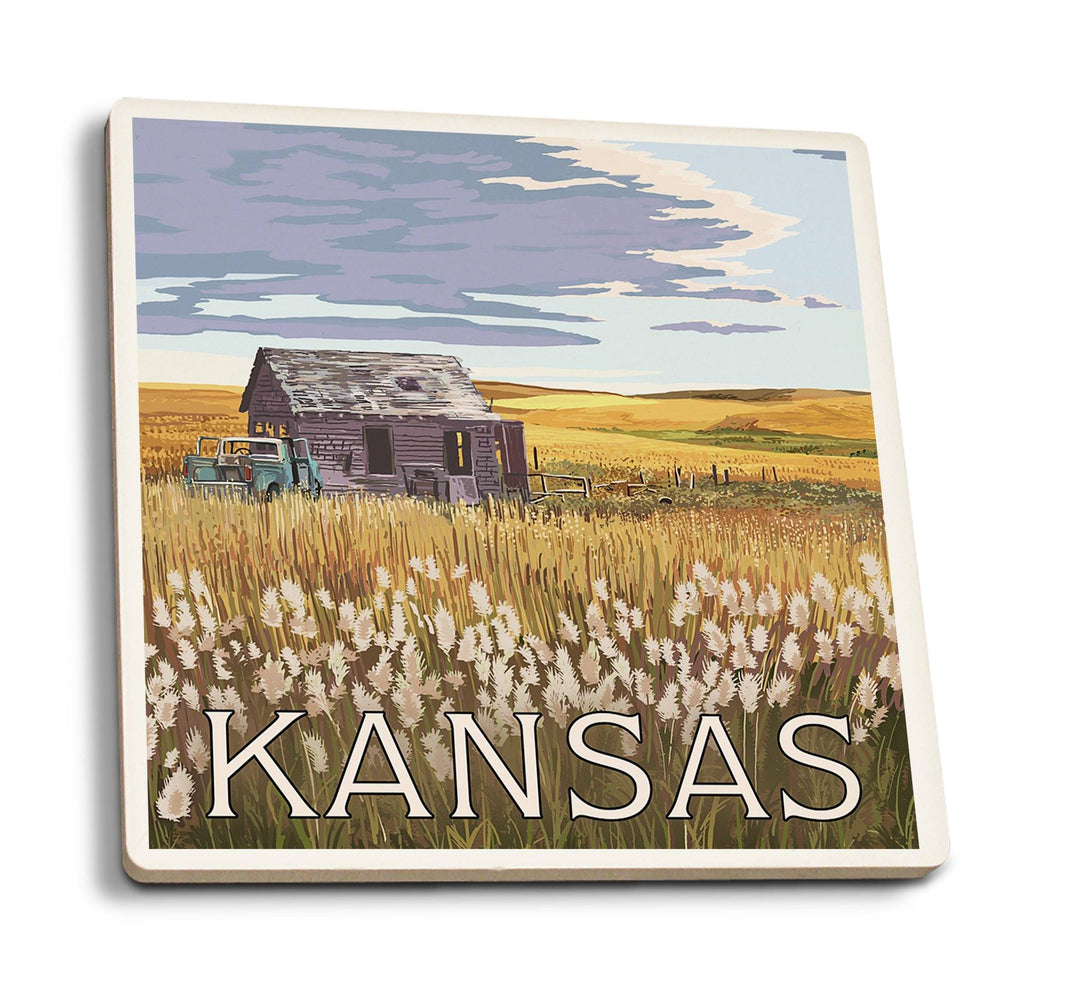 Coasters (Kansas, Wheat Fields & Homestead, Lantern Press Artwork) Lifestyle-Coaster Lantern Press 