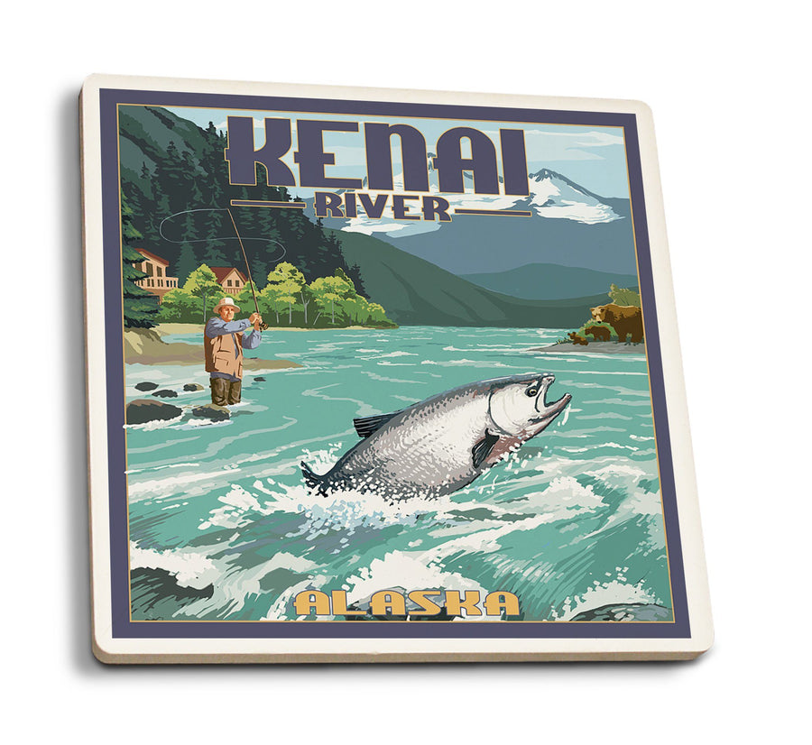 Coasters (Kenai River, Alaska, Salmon Fisherman, Lantern Press Artwork) Lifestyle-Coaster Lantern Press 