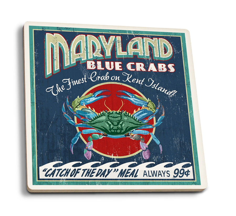 Coasters (Kent Island, Maryland, Blue Crabs Vintage Sign, Lantern Press Artwork) Lifestyle-Coaster Lantern Press 