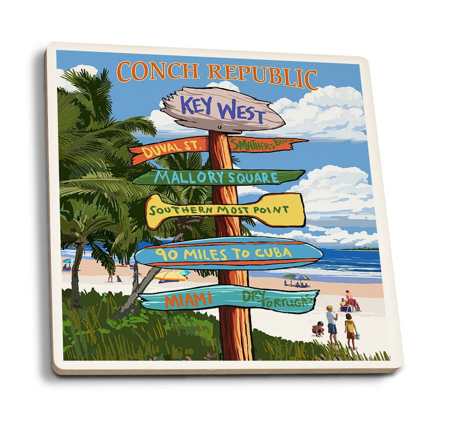 Coasters (Key West, Florida, Conch Republic, Destinations Sign, Lantern Press Artwork) Lifestyle-Coaster Lantern Press 