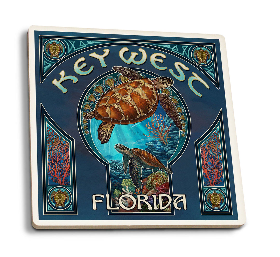 Coasters (Key West, Florida, Sea Turtle Art Nouveau, Lantern Press Artwork) Lifestyle-Coaster Lantern Press 
