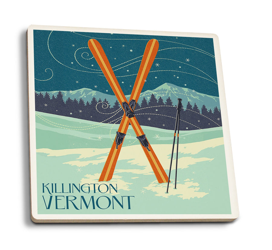 Coasters (Killington, Vermont, Crossed Skis, Letterpress, Lantern Press Artwork) Lifestyle-Coaster Lantern Press 