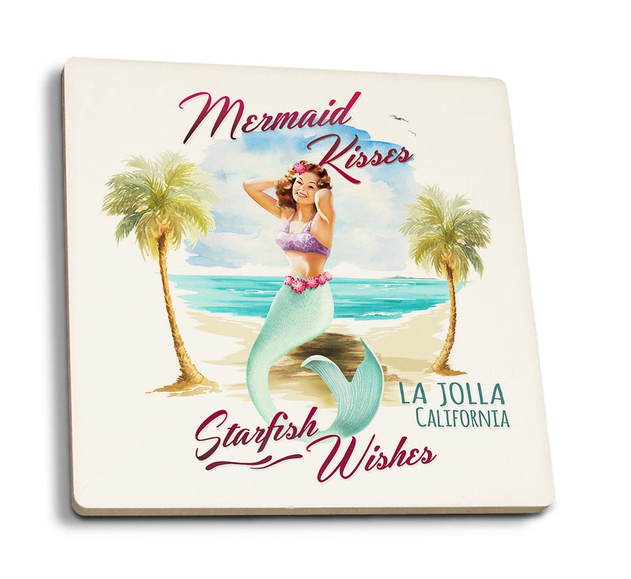 Coasters (La Jolla, CA, Mermaid Kisses & Starfish Wishes, Watercolor, Lantern Press Artwork) Lifestyle-Coaster Lantern Press 