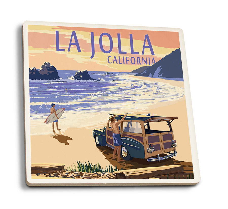 Coasters (La Jolla, California, Woody on Beach, Lantern Press Artwork) Lifestyle-Coaster Lantern Press 