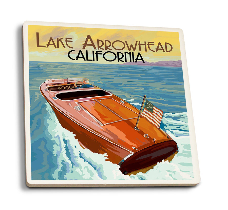Coasters (Lake Arrowhead, California, Wooden Boat, Lantern Press Artwork) Lifestyle-Coaster Lantern Press 
