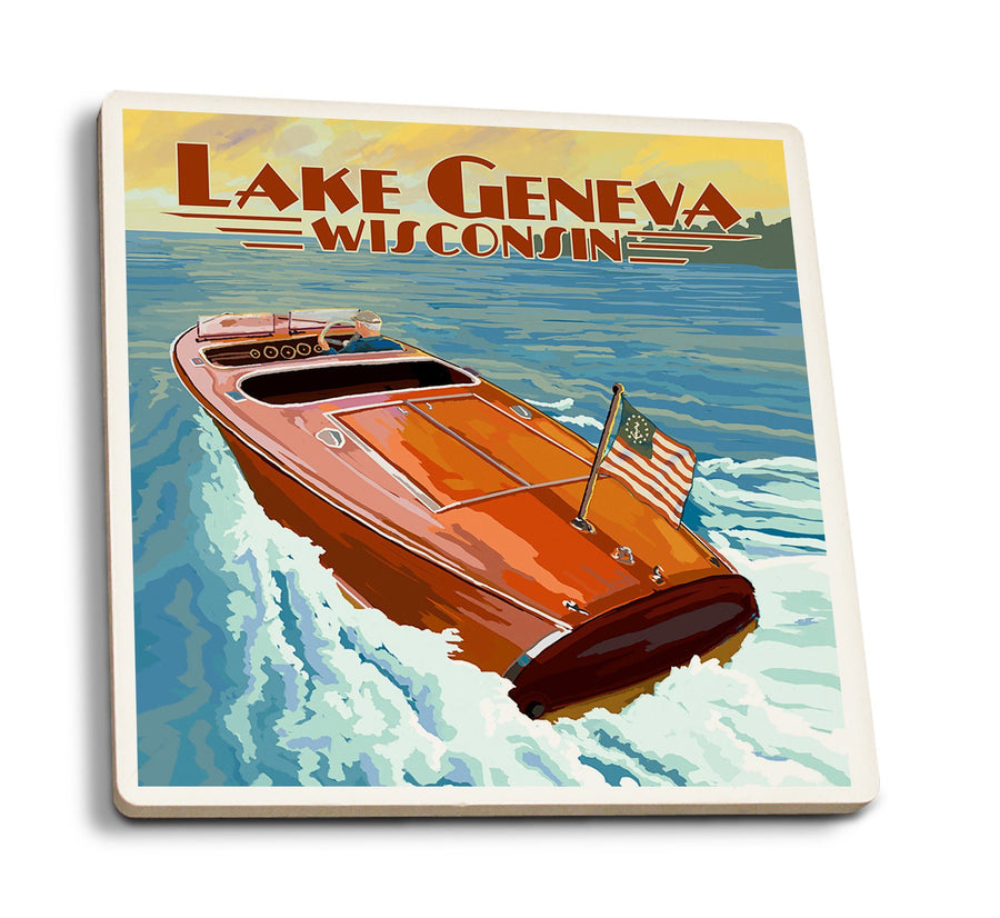 Coasters (Lake Geneva, Wisconsin, Chris Craft Wooden Boat, Lantern Press Artwork) Lifestyle-Coaster Lantern Press 