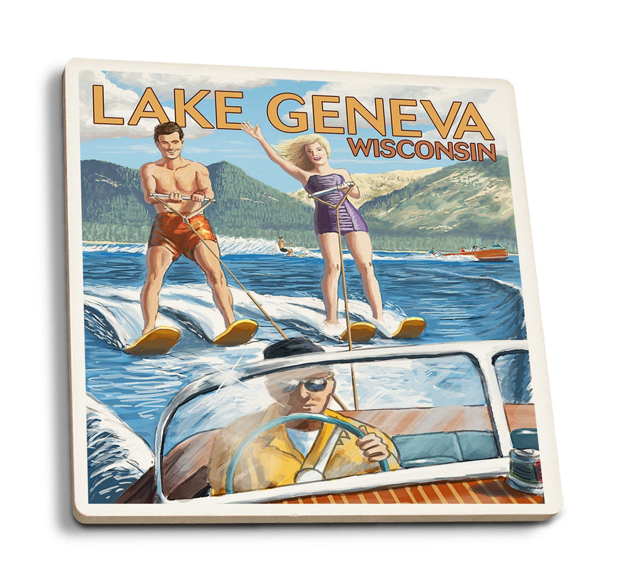Coasters (Lake Geneva, Wisconsin, Water Skiing Scene, Lantern Press Artwork) Lifestyle-Coaster Lantern Press 