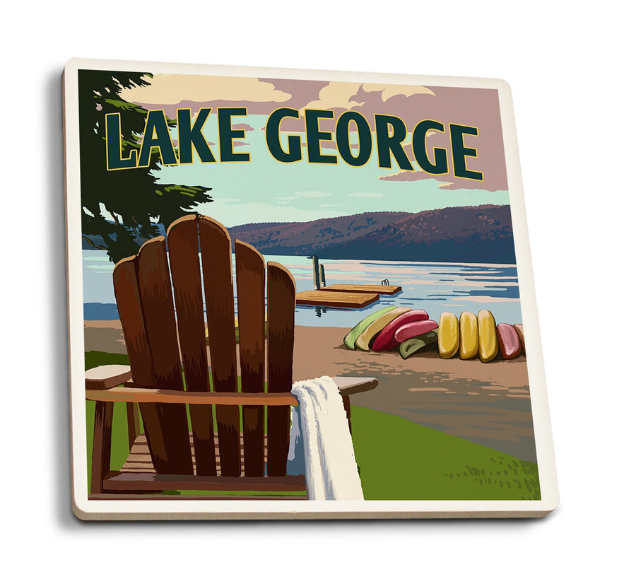 Coasters (Lake George, New York, Lake & Adirondack Chair, Simply Said, Lantern Press Artwork) Lifestyle-Coaster Lantern Press 