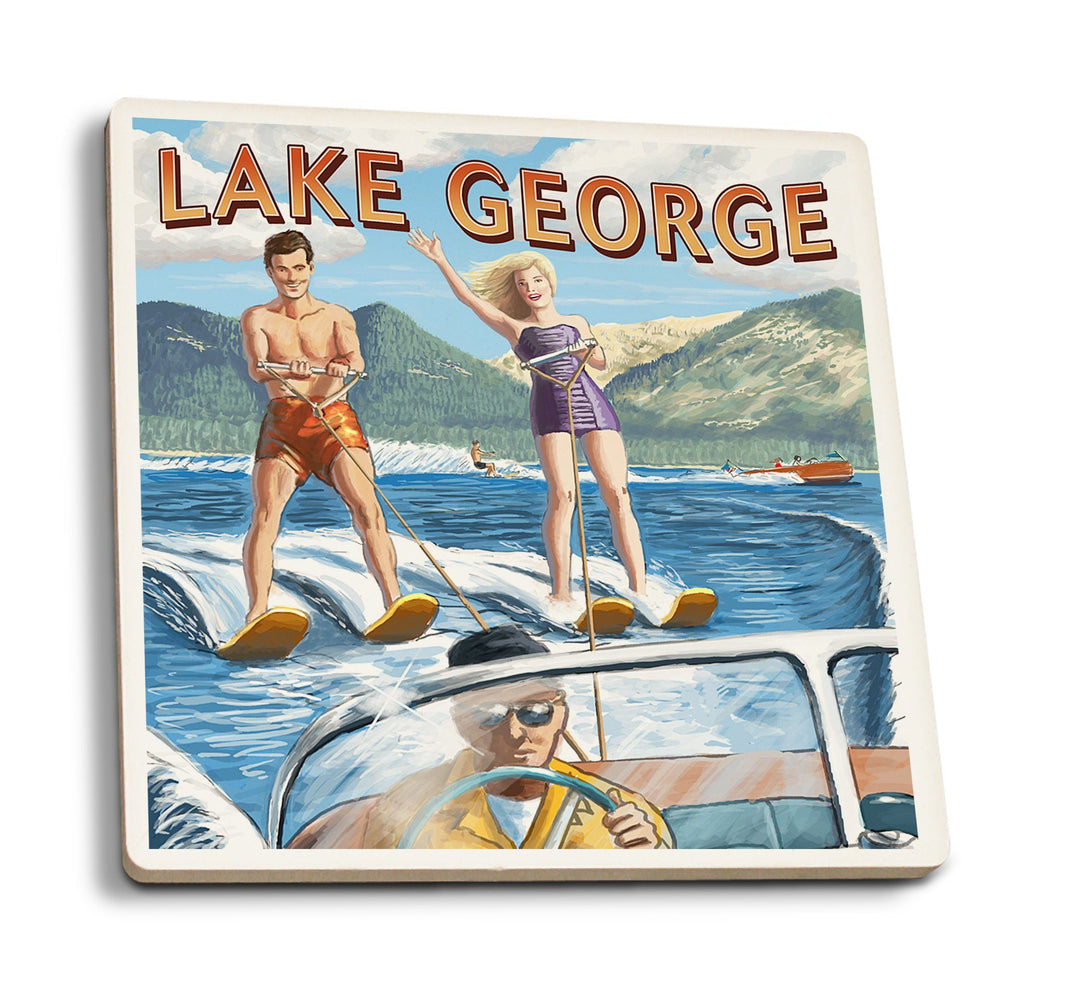 Coasters (Lake George, New York, Water Skiing Scene, Lantern Press Artwork) Lifestyle-Coaster Lantern Press 