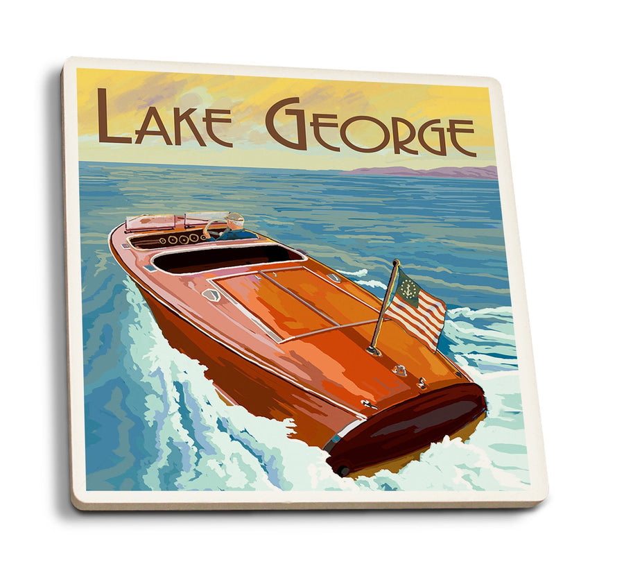 Coasters (Lake George, New York, Wooden Boat on Lake, Lantern Press Artwork) Lifestyle-Coaster Lantern Press 