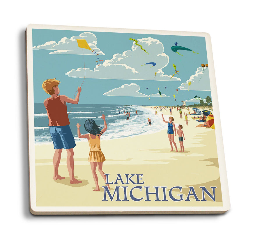Coasters (Lake Michigan, Children Flying Kites, Lantern Press Artwork) Lifestyle-Coaster Lantern Press 