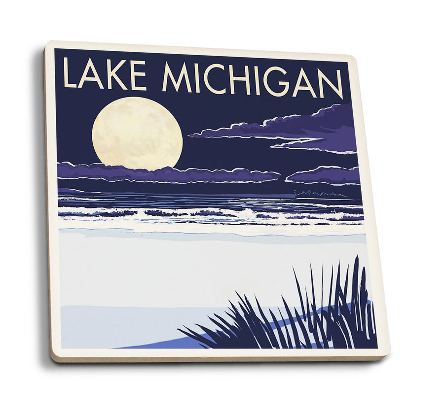 Coasters (Lake Michigan, Full Moon Night Scene, Lantern Press Artwork) Lifestyle-Coaster Lantern Press 