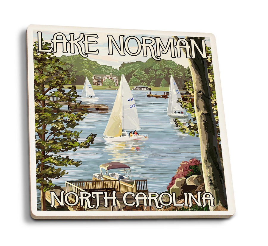 Coasters (Lake Norman, North Carolina, Lake View with Sailboats, Lantern Press Artwork) Lifestyle-Coaster Lantern Press 