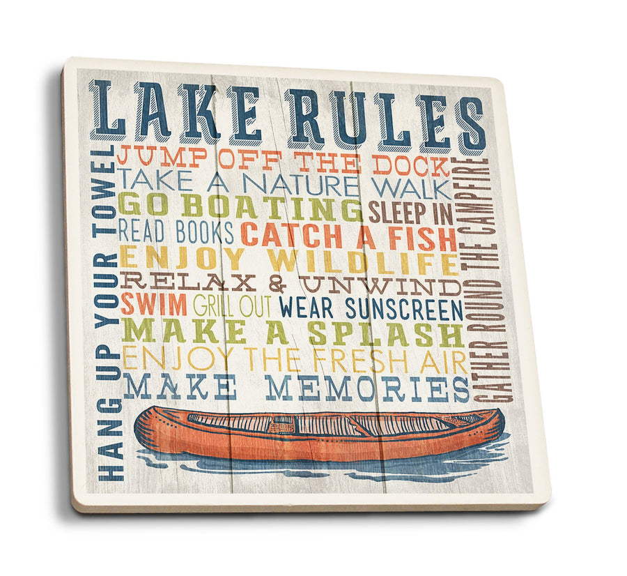 Coasters (Lake Rules, Rustic Typography, Lantern Press Artwork) Lifestyle-Coaster Lantern Press 