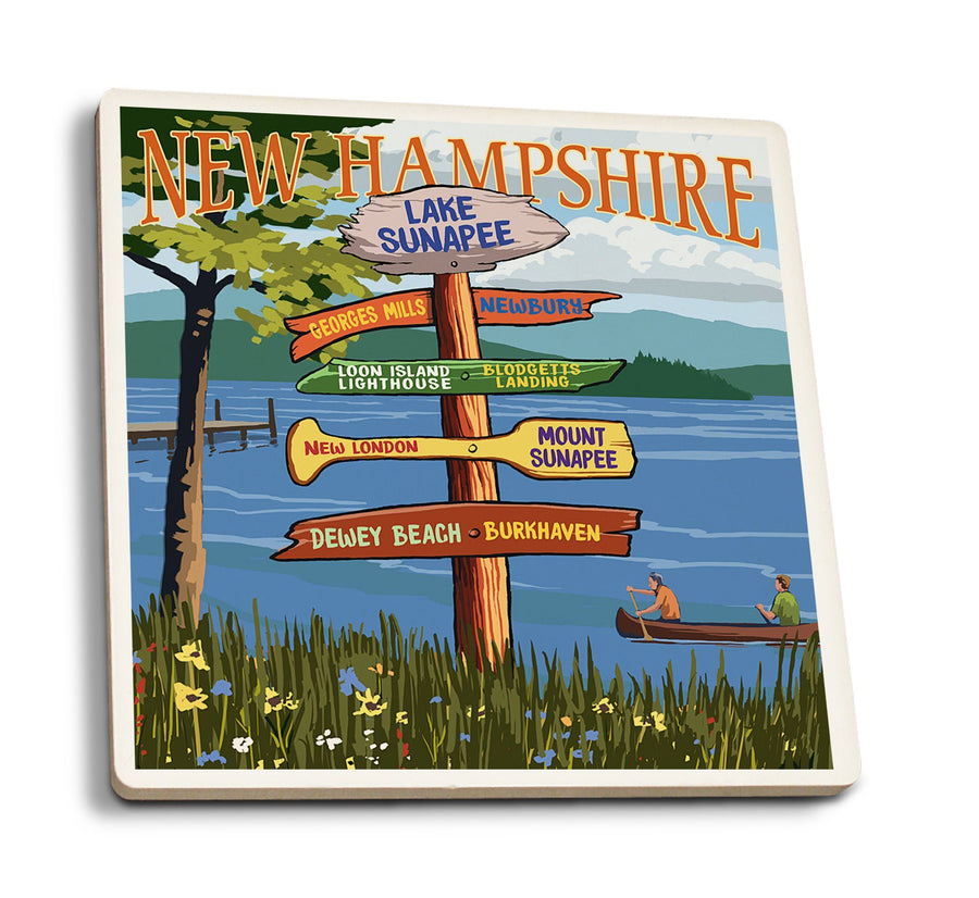 Coasters (Lake Sunapee, New Hampshire, Destinations Signpost, Lantern Press Artwork) Lifestyle-Coaster Lantern Press 