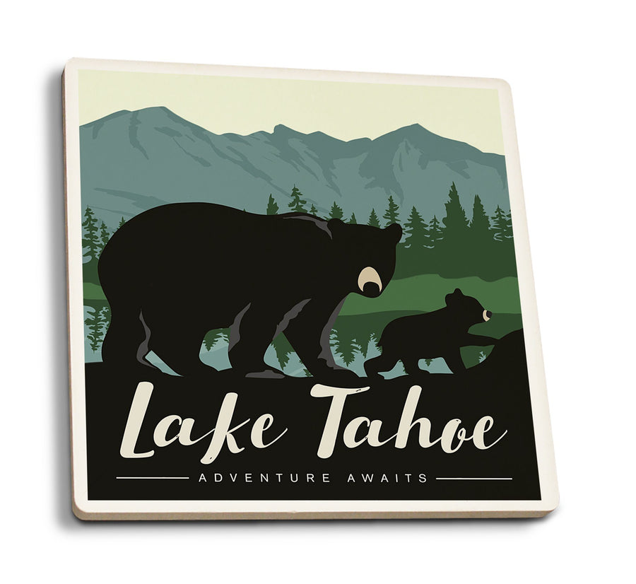 Coasters (Lake Tahoe, Black Bear & Cub, Lantern Press Artwork) Lifestyle-Coaster Lantern Press 