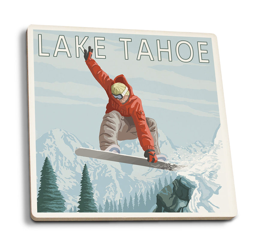 Coasters (Lake Tahoe, California, Snowboarder Jumping, Lantern Press Artwork) Lifestyle-Coaster Lantern Press 