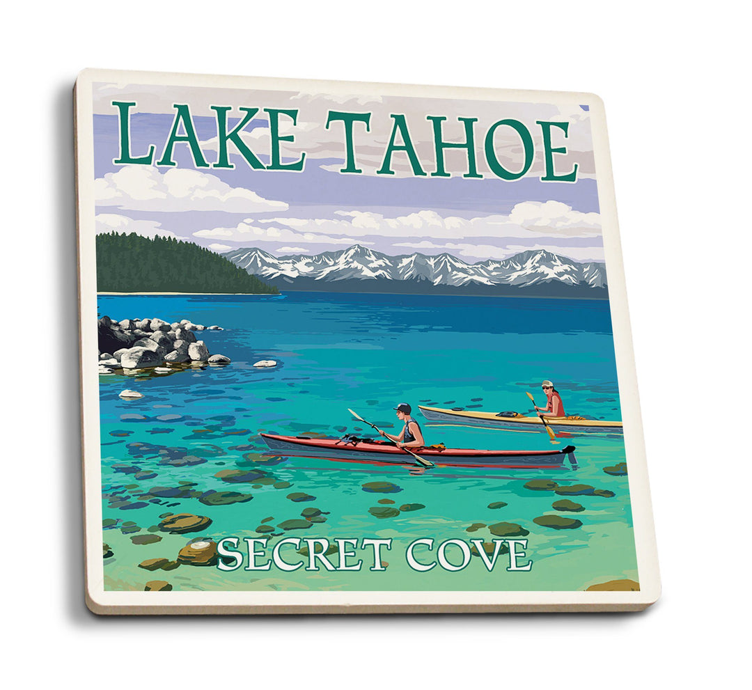 Coasters (Lake Tahoe, Kayakers in Secret Cove, Lantern Press Artwork) Lifestyle-Coaster Lantern Press 