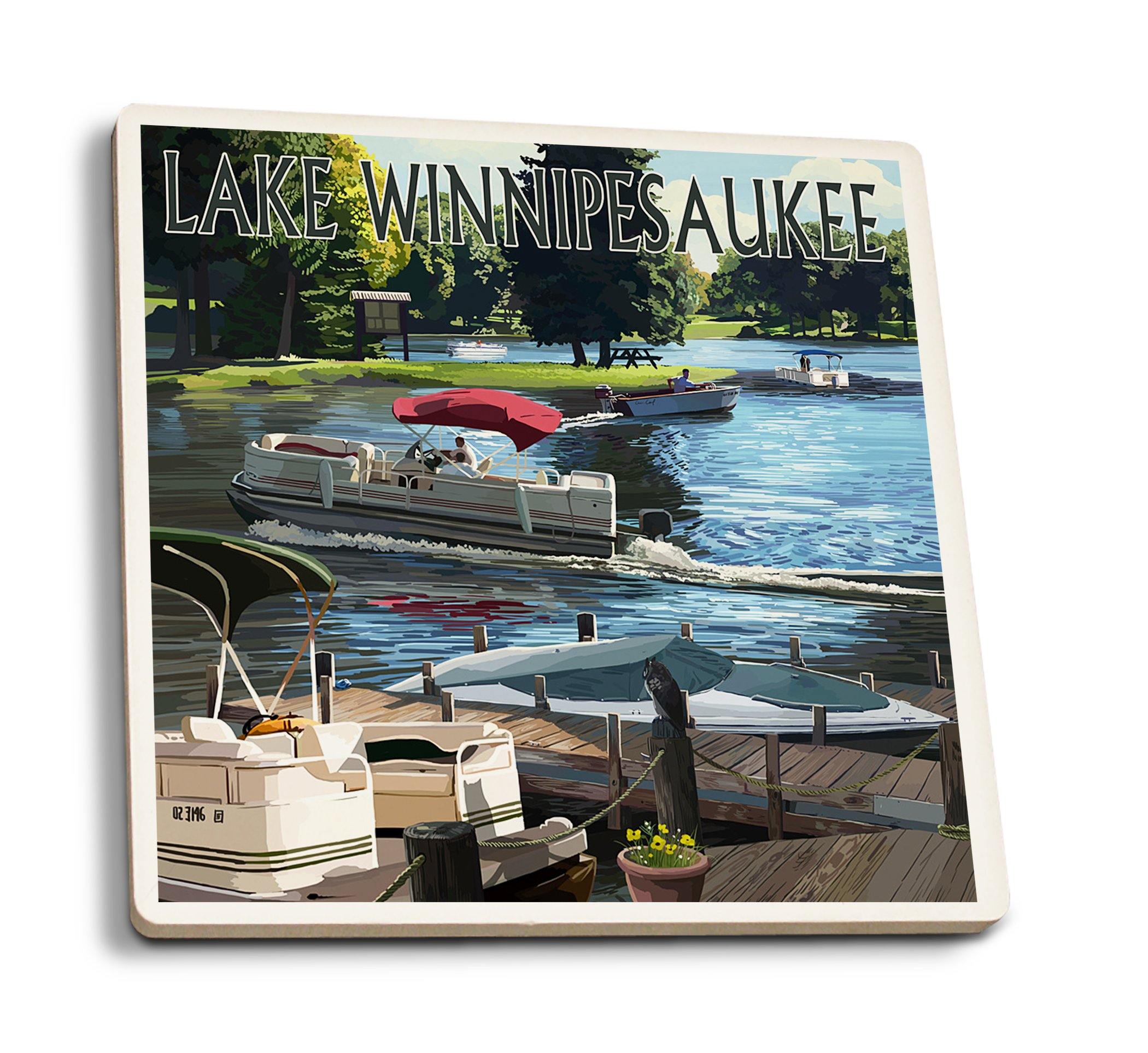 Lake Winnipesaukee, New Hampshire - Pontoon & Lake - Lantern Press Poster (Set of 4 Ceramic Coasters - Cork-Backed, Absorbent), Multicolor