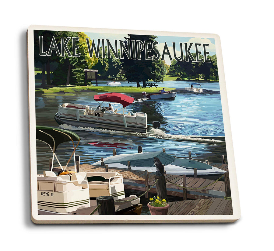 Coasters (Lake Winnipesaukee, New Hampshire, Pontoon & Lake, Lantern Press Poster) Lifestyle-Coaster Lantern Press 