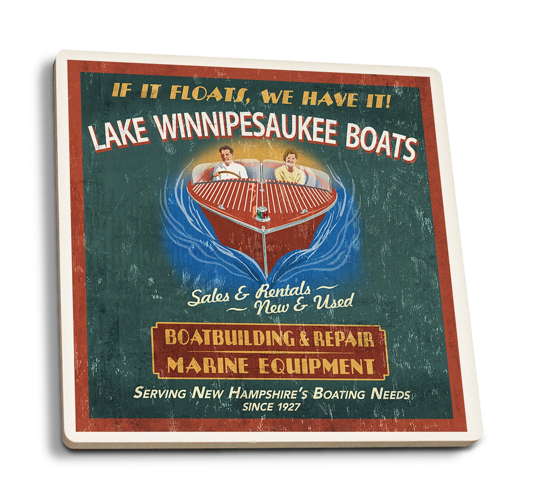 Coasters (Lake Winnipesaukee, New Hampshire, Vintage Boat Sign, Lantern Press Artwork) Lifestyle-Coaster Lantern Press 