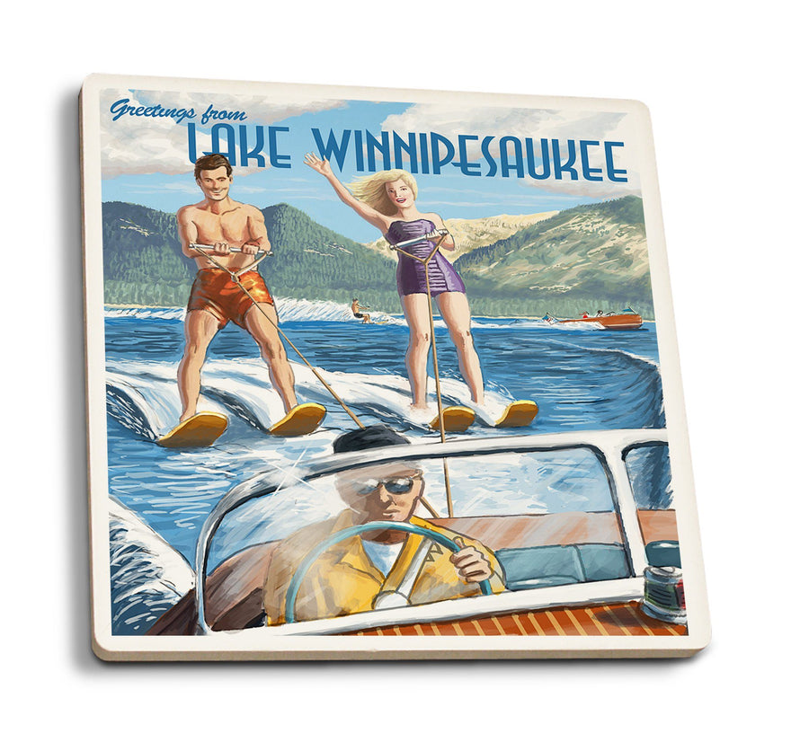 Coasters (Lake Winnipesaukee, New Hampshire, Water Skiing Scene, Lantern Press Artwork) Lifestyle-Coaster Lantern Press 