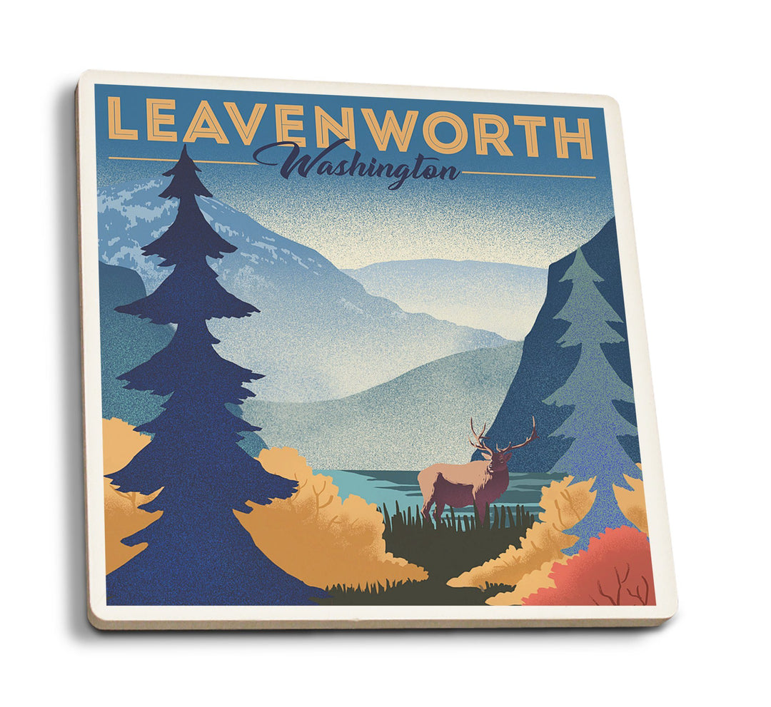 Coasters (Leavenworth, Washington, Elk & Mountain Scene, Lithograph, Lantern Press Artwork) Lifestyle-Coaster Lantern Press 