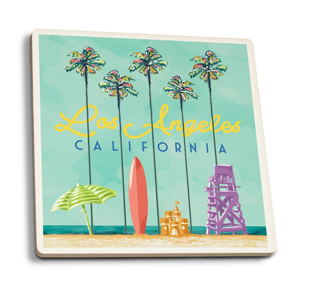 Coasters (Los Angeles, California, Tall Palms Beach Scene, Lantern Press Artwork) Lifestyle-Coaster Lantern Press 