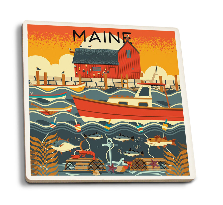 Coasters (Maine, Nautical Geometric, Lantern Press Artwork) Lifestyle-Coaster Lantern Press 