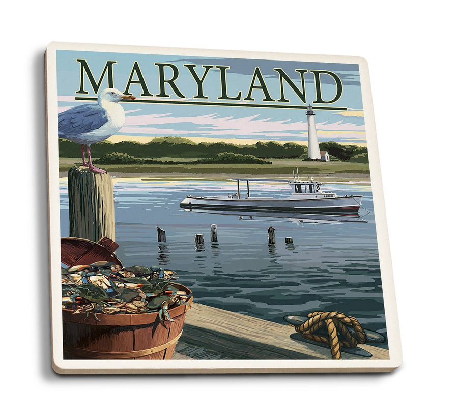 Coasters (Maryland, Blue Crab & Oysters on Dock, Lantern Press Artwork) Lifestyle-Coaster Lantern Press 