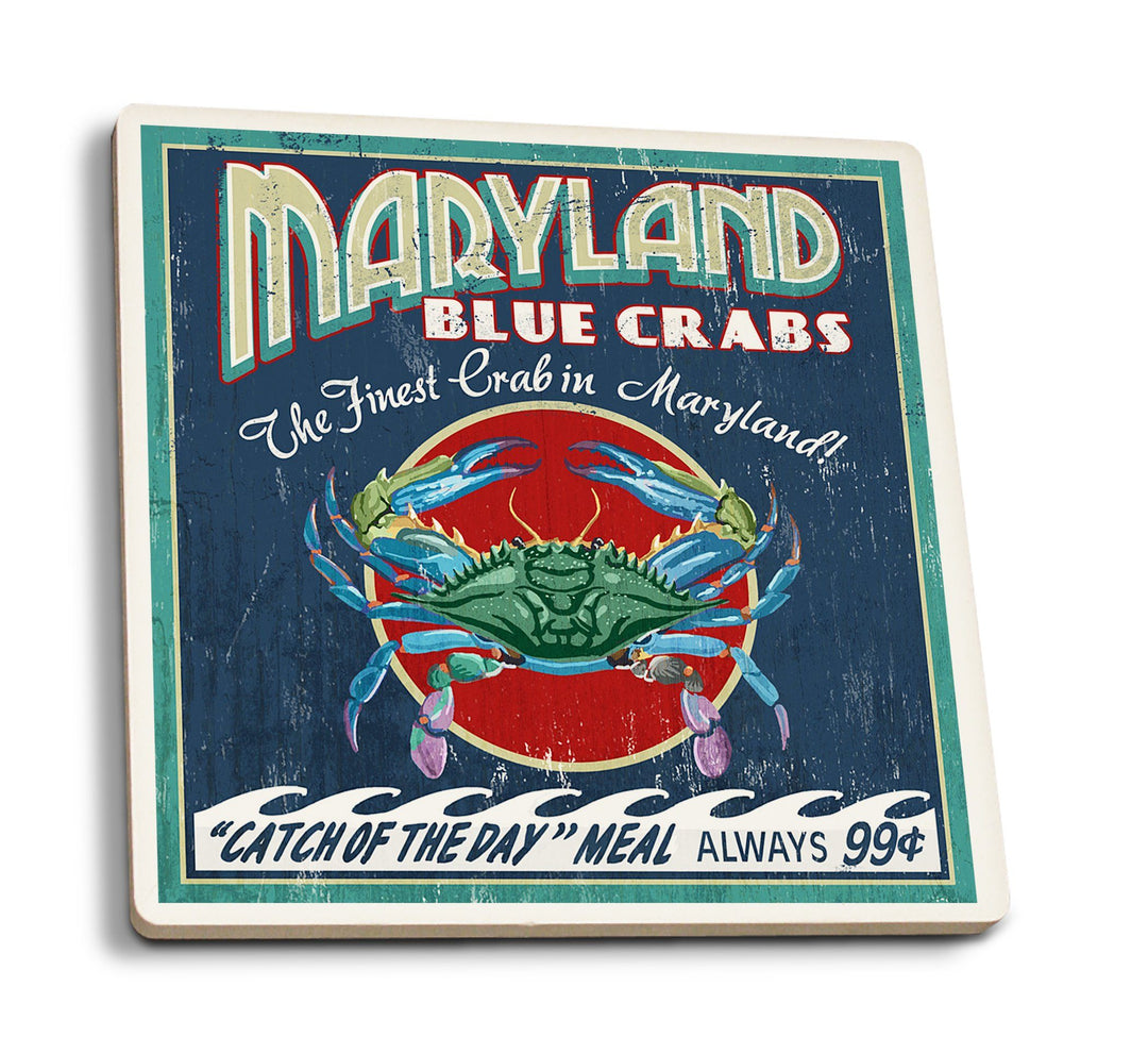 Coasters (Maryland, Blue Crabs Vintage Sign, Lantern Press Artwork) Lifestyle-Coaster Lantern Press 