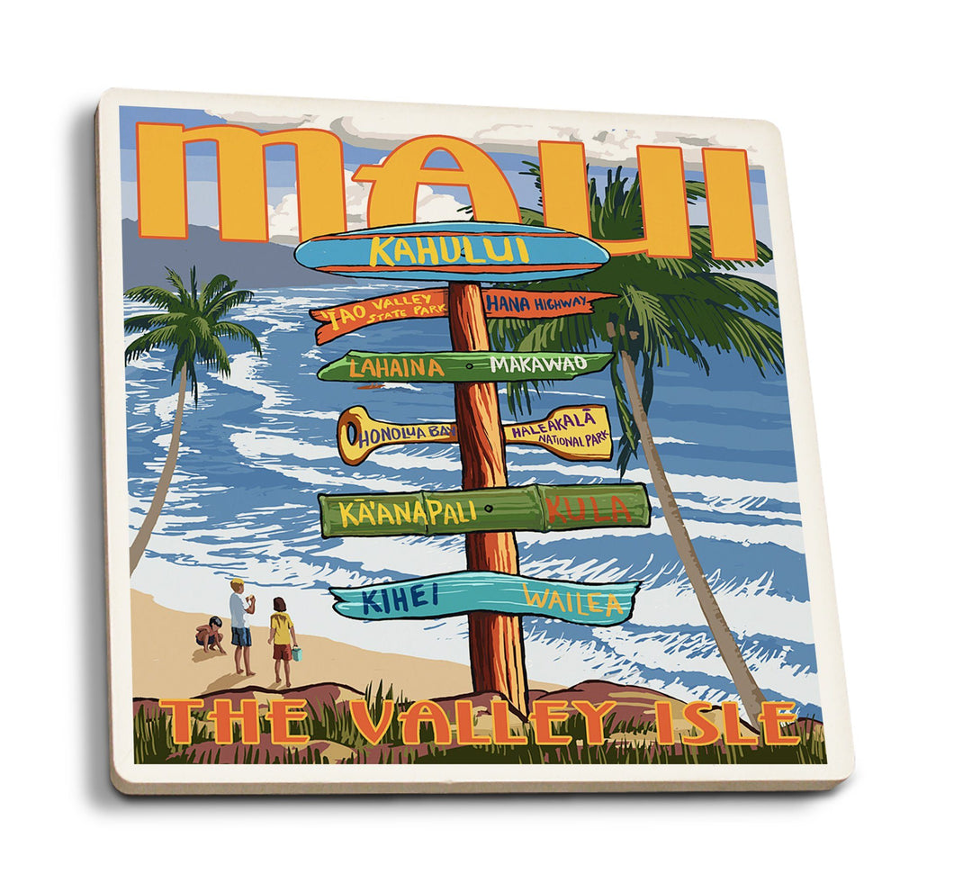 Coasters (Maui, Hawaii, Destination Signpost, Lantern Press Artwork) Lifestyle-Coaster Lantern Press 