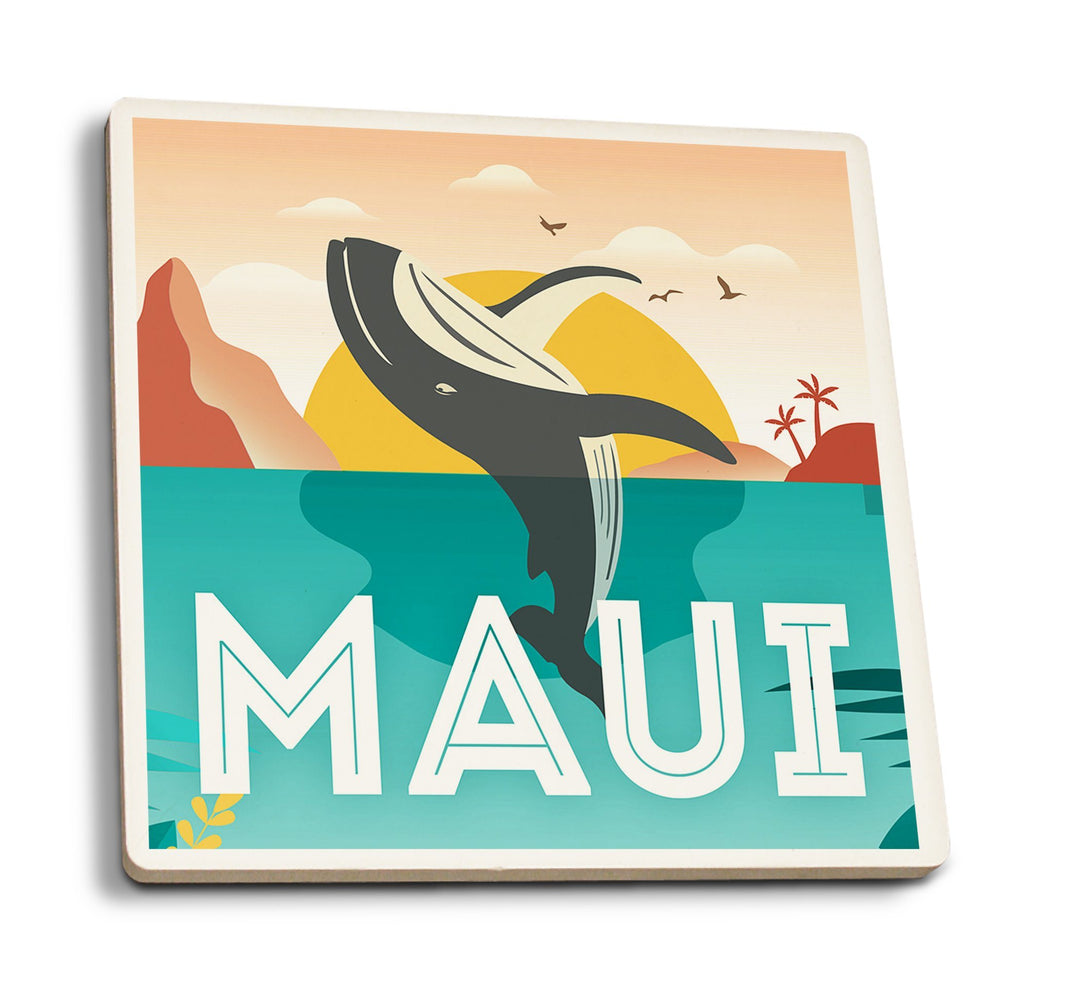 Coasters (Maui, Hawaii, Whale & Tropical Sunset, Vector, Lantern Press Artwork) Lifestyle-Coaster Lantern Press 