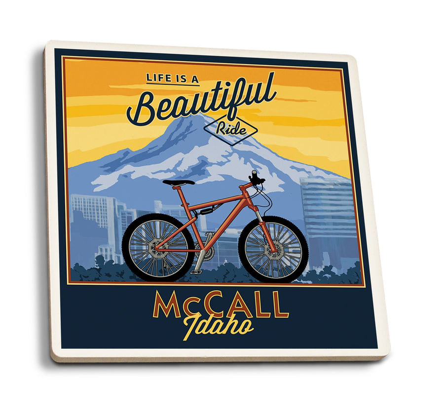 Coasters (McCall, Idaho, Life is a Beautiful Ride, Bike & Mountain, Lantern Press Arwork) Lifestyle-Coaster Lantern Press 