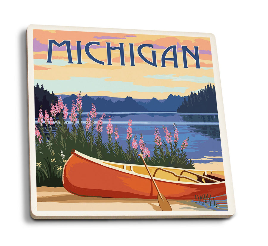 Coasters (Michigan, Canoe & Lake, Lantern Press Artwork) Lifestyle-Coaster Lantern Press 