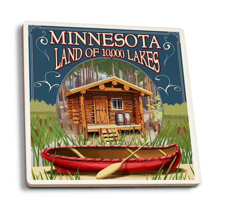 Coasters (Minnesota, Cabin and Lake, Lantern Press Artwork) Lifestyle-Coaster Lantern Press 