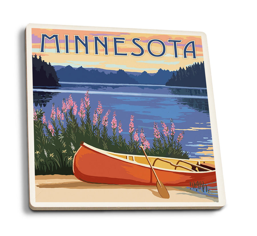 Coasters (Minnesota, Canoe & Lake, Lantern Press Artwork) Lifestyle-Coaster Lantern Press 