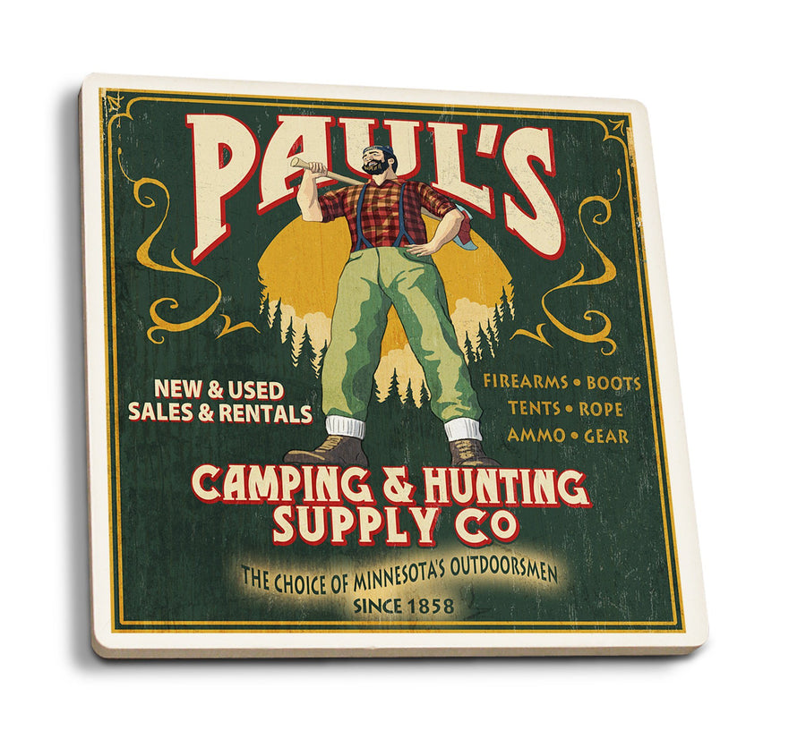 Coasters (Minnesota, Paul Bunyan Camping Supply Vintage Sign, Lantern Press Artwork) Lifestyle-Coaster Lantern Press 