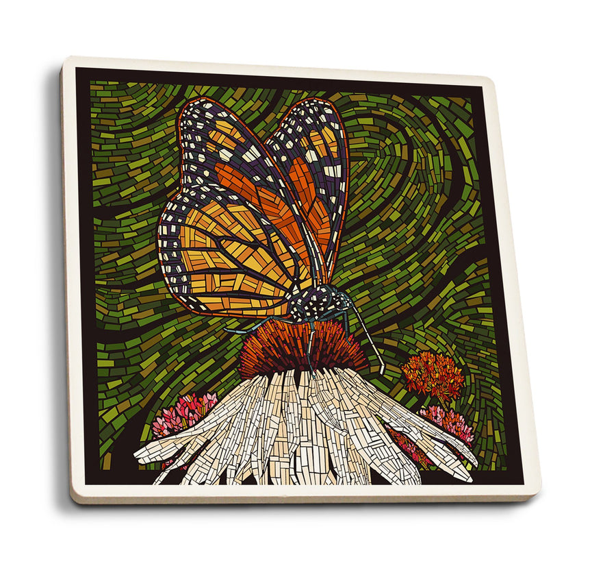 Coasters (Monarch Butterfly, Paper Mosaic, Green Background, Lantern Press Poster) Lifestyle-Coaster Lantern Press 