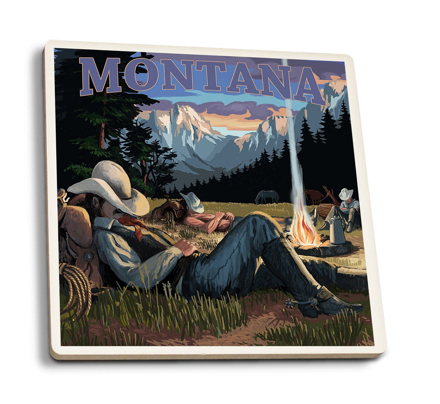 Coasters (Montana, Cowboy Camping Night Scene, Lantern Press Artwork) Lifestyle-Coaster Lantern Press 