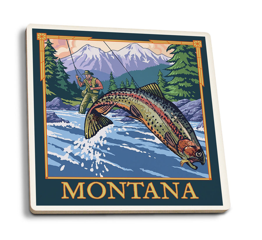 Coasters (Montana, Fly Fishing Scene, Lantern Press Artwork) Lifestyle-Coaster Lantern Press 