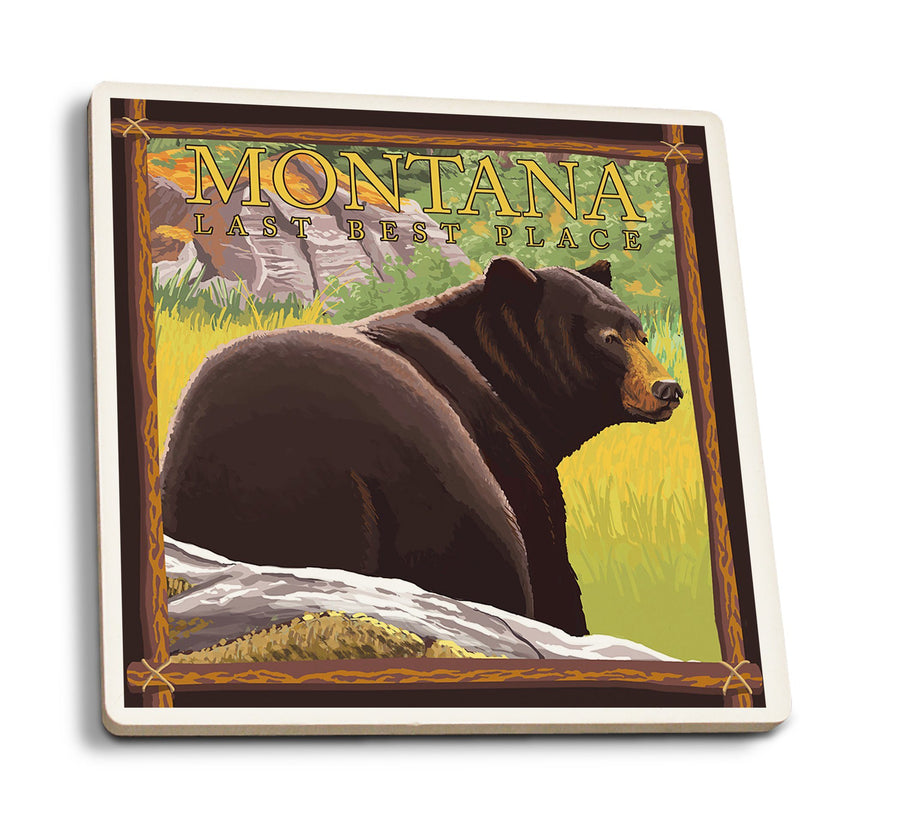 Coasters (Montana, Last Best Place, Bear in Forest, Lantern Press Artwork) Lifestyle-Coaster Lantern Press 