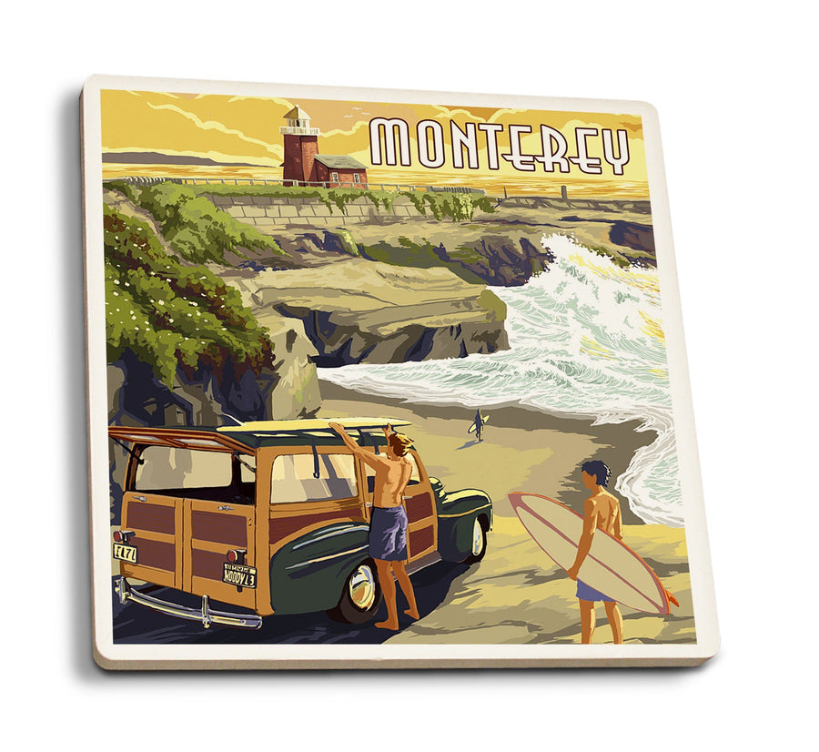 Coasters (Monterey, California, Woody on Beach, Lantern Press Artwork) Lifestyle-Coaster Lantern Press 