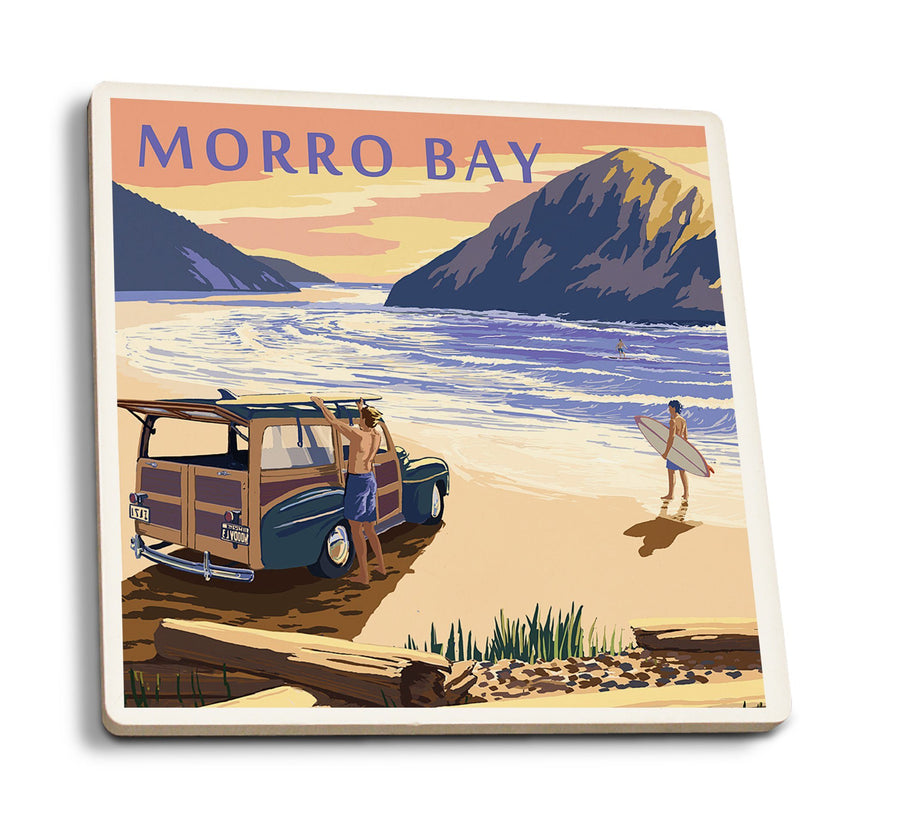 Coasters (Morro Bay, California, Woody on Beach, Lantern Press Artwork) Lifestyle-Coaster Lantern Press 